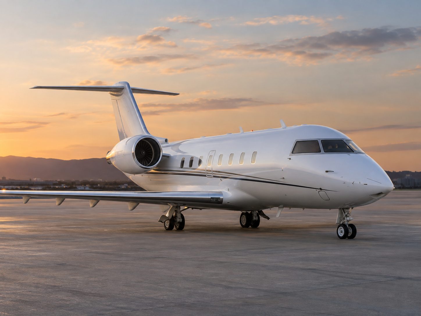 Jet privé sur un tarmac au coucher du soleil